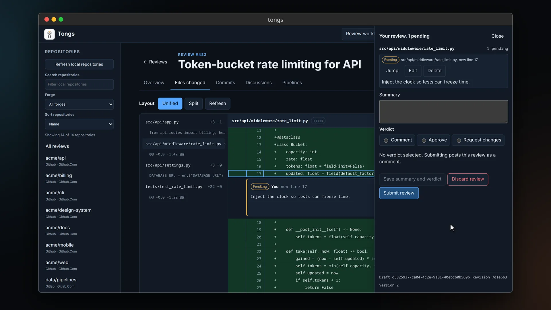 The tongs desktop app, beta, reviewing !482 in acme/api: the repository sidebar, the Files changed tab with a pending comment on rate_limit.py line 17, and the Your review drawer with the verdict choices and Submit review.