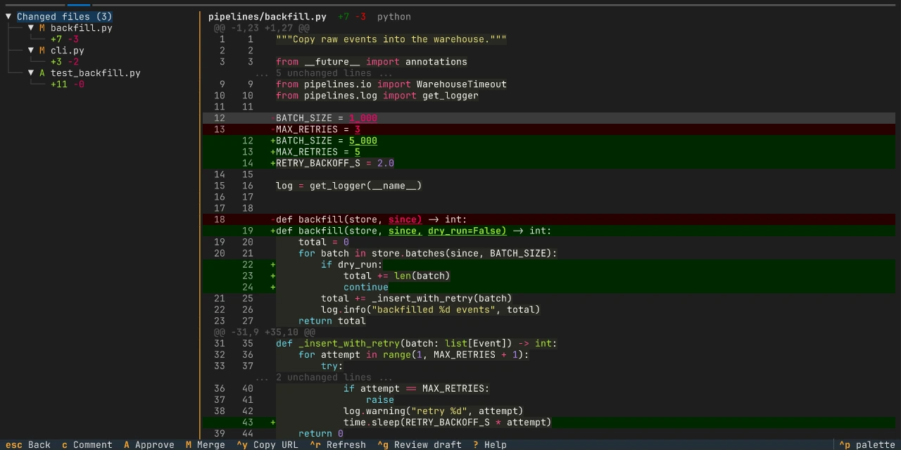 Unified diff of pipelines/backfill.py: BATCH_SIZE changes from 1_000 to 5_000, with removed lines in red, added lines in green, word-level highlights and Monokai syntax colors.